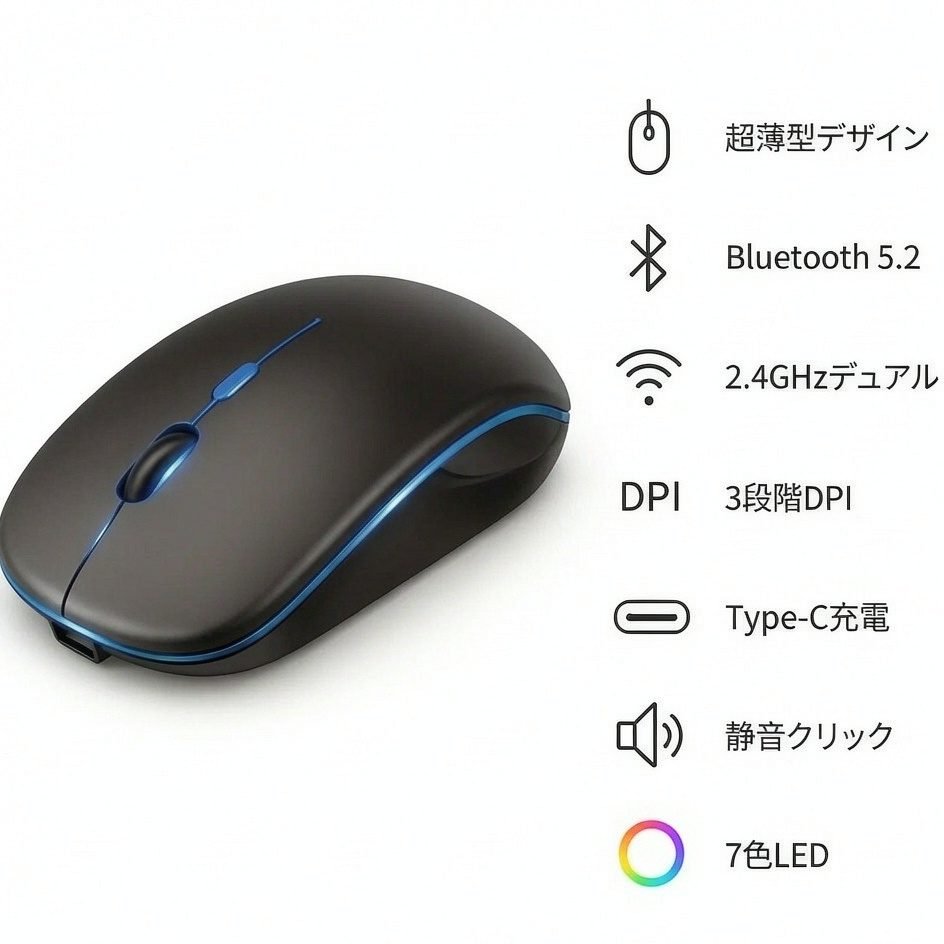 【極薄型モデル&Type-C充電式】マウス 無線 Bluetooth 5.2 ワイヤレスマウス 静音 瞬時接続 小型 高感度 ブルートゥース 2.4GHz 3段階DPI切替 省エネ 7色ライト 光学式 高耐久性 Mac/Windows/Surface/パソコン/Mac 対応 TELEC認証取得済み (black) - detail 1