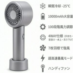 携帯扇風機 超高速暴風 【-25℃瞬間冷却・10000mAh大容量】 ハンディファン 冷却プレート付き 100段階風力調節 手持ち/首掛け/卓上/吊り下げ4way 7枚羽根 強力 USB充電式 手持ち扇風機 24時間持続 90°角度調整 ネックストラップ付き LED残量表示 軽量 小型 ミニファン 熱中症対策 暑さ対策 コンパクト 静音 アウトドア オフィス 父の日 ギフト (ダークグレー) - detail 1