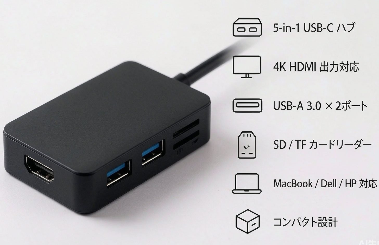 USB C Hub 332 (5-in-1、4K HDMI) アダプター – 拡張USB-Cノートパソコン 4K HDMI、2つのUSB-A 3.0ポート、SD/TFカードリーダー、コンパクトドック MacBook、Dell、HP、Lenovoなどに対応 – ブラック - Image 2